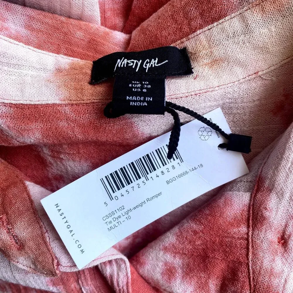 NWT‎ Nasty Gal Tie Dye Lightweight Romper Pink 100% Cotton Summer US Size 6 - Picture 5 of 6